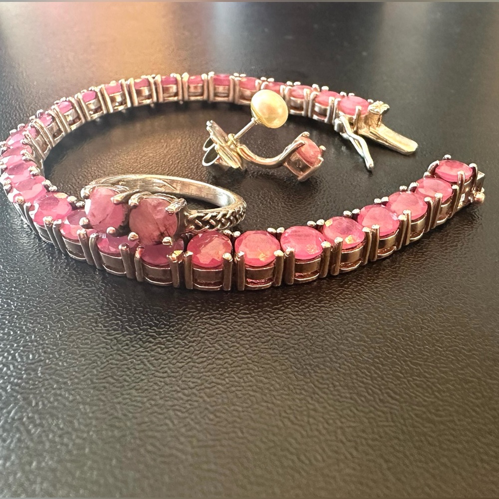 SALE Pink 💓 Sapphire Tennis Bracelet, Ring & Pearl Earring Peek a Boo